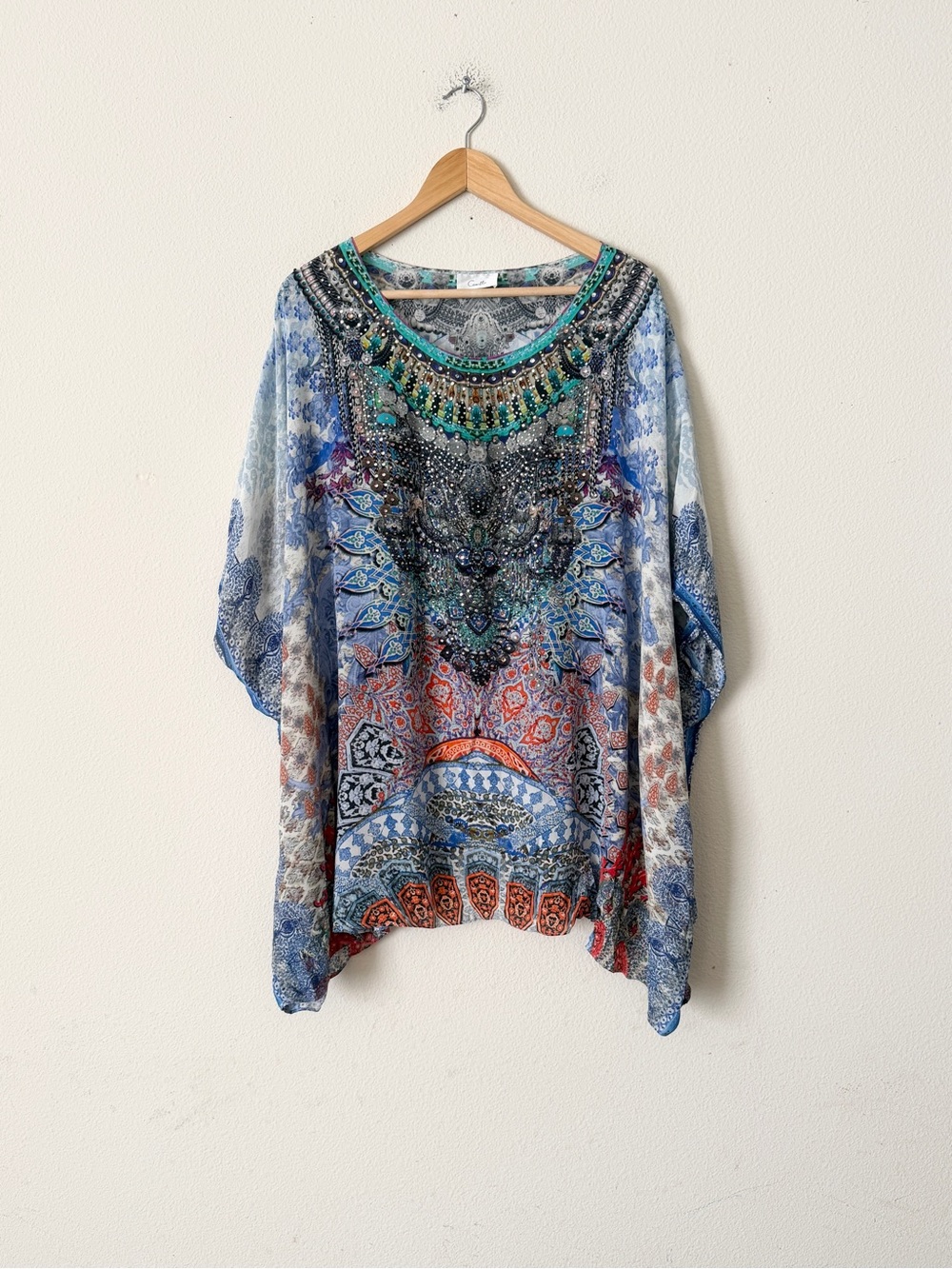 Camilla ONE SIZE 100% silk embellished kaftan in blue multicolor
